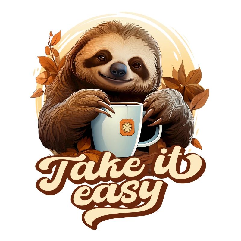 Cute Sloth Drinking Tea, Take It Easy, Saying