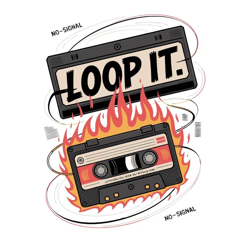 Retro cassette with "Loop It" flame design