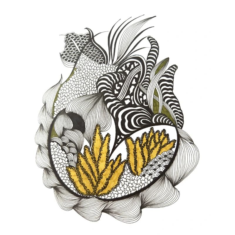 Black and White Leaf Pattern Yellow Accent