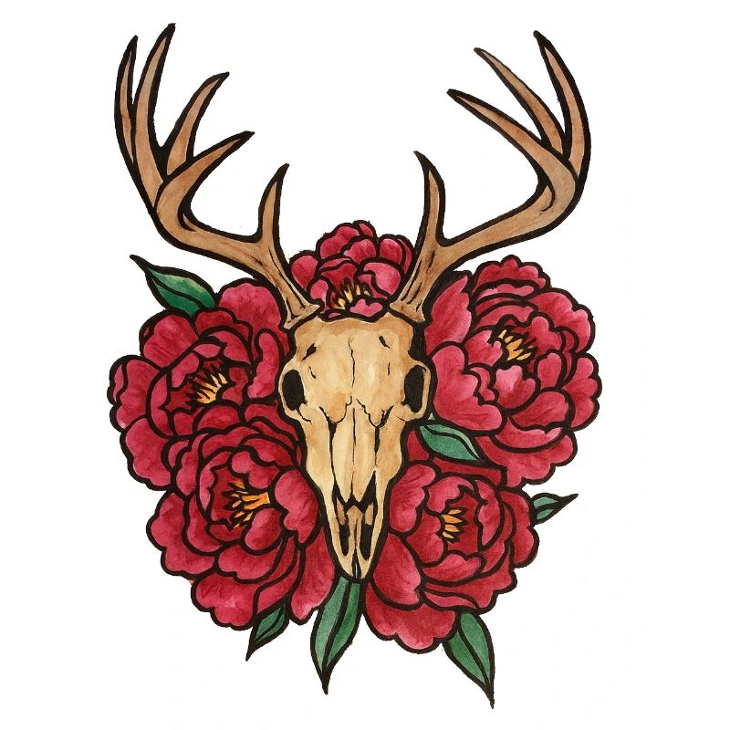 Geweih-Schädel und Pfingstrosenblüte