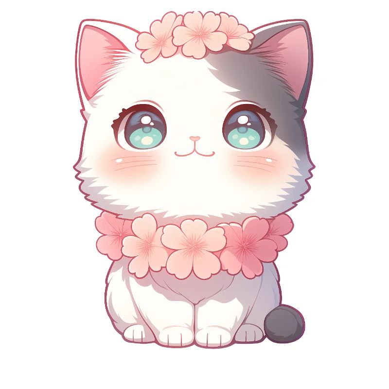 Couronne de fleurs de sakura en chat blanc de Kawaii style chibi