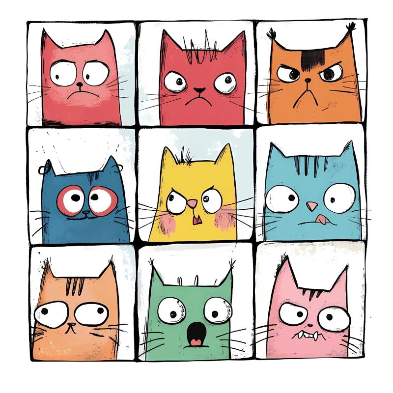 Comic Katzen | mürrische Gesichter | 3x3 Raster