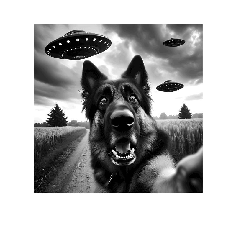 German Shepherd Funny GSP Selfie with UFOs Weird A