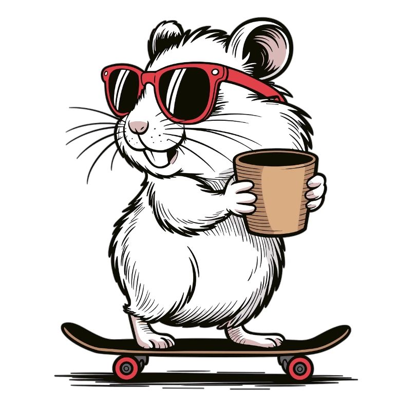 Cool skateboard hamster with coffee