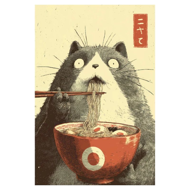 Schockierte Katze isst Ramen