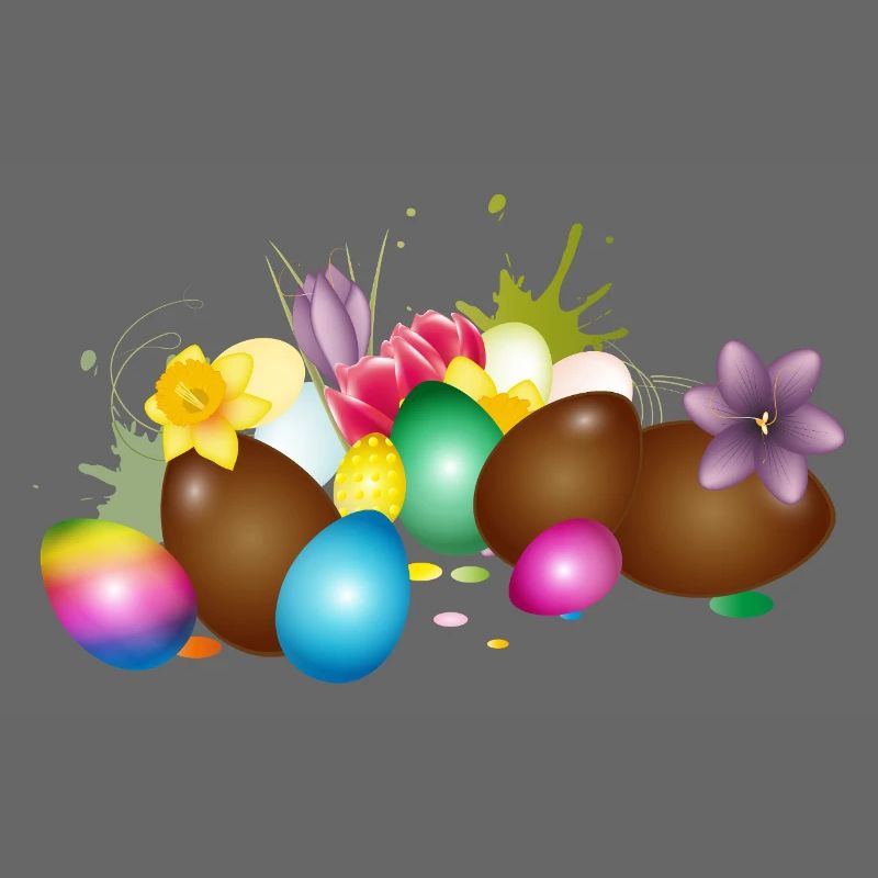 Chocolate Easter eggs with colorful eggs and flowers