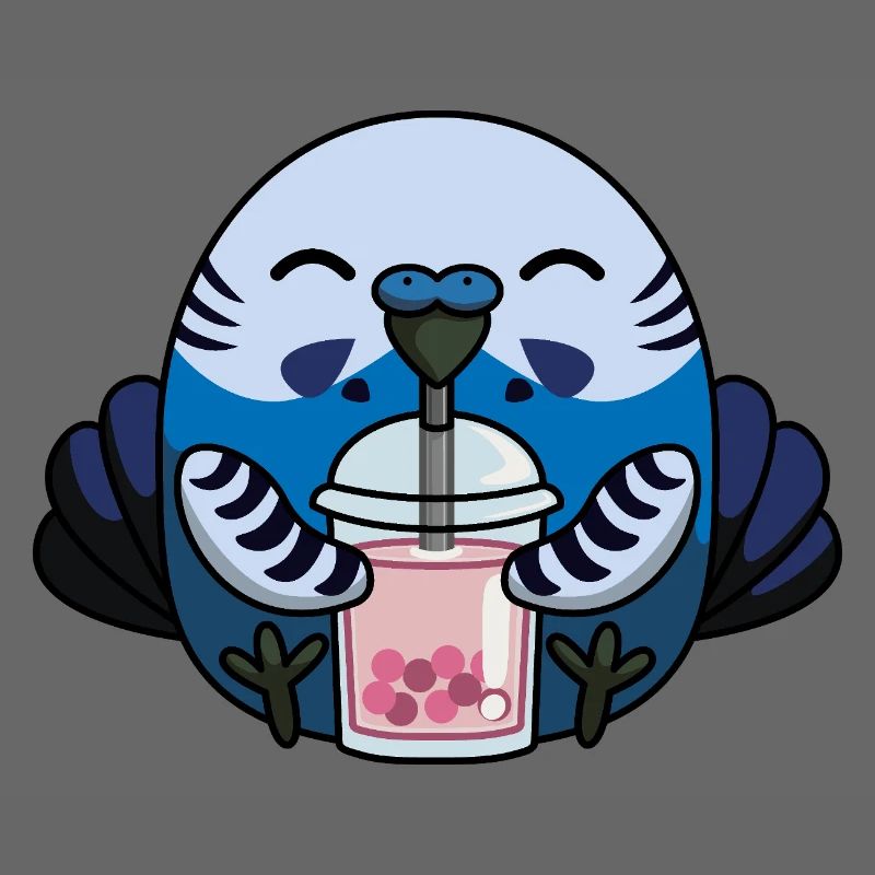 Blue Budgie Bird with Bubble Tea