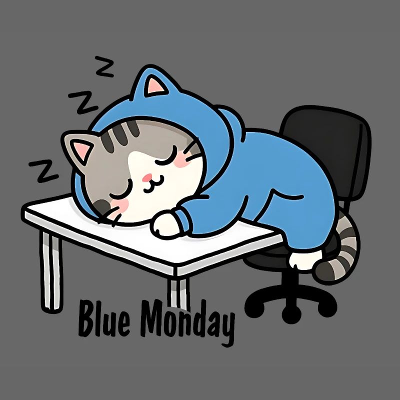 Sleeping cat at work, blue monday