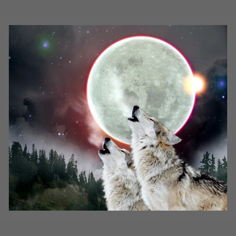 Wolves Howling Moon Eclipse Wolf Art