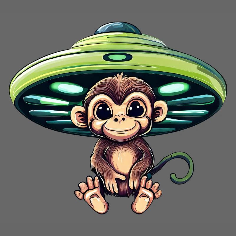 Alien-UFO und sitzender Schimpanse