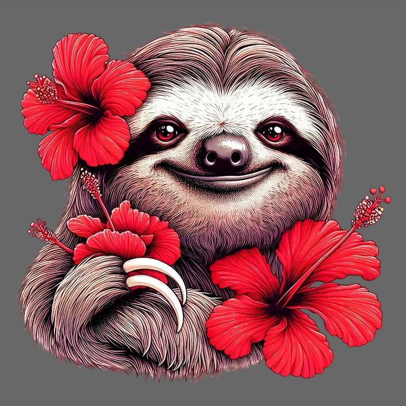 Faultier mit Hibiskusblüten