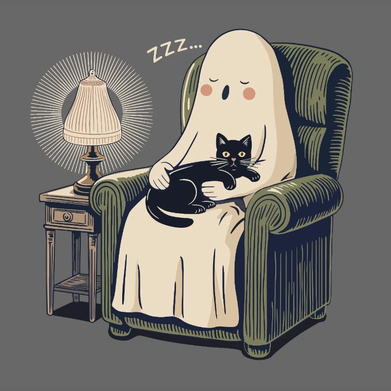 Fantôme et Chat endormis – Chat noir douillet et effrayant