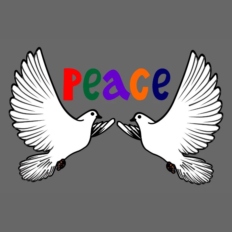 Zwei weiße Friedenstauben mit farbigem Text PEACE