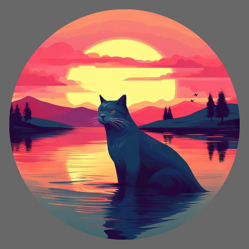 Coucher de soleil sur le chat dans l’eau