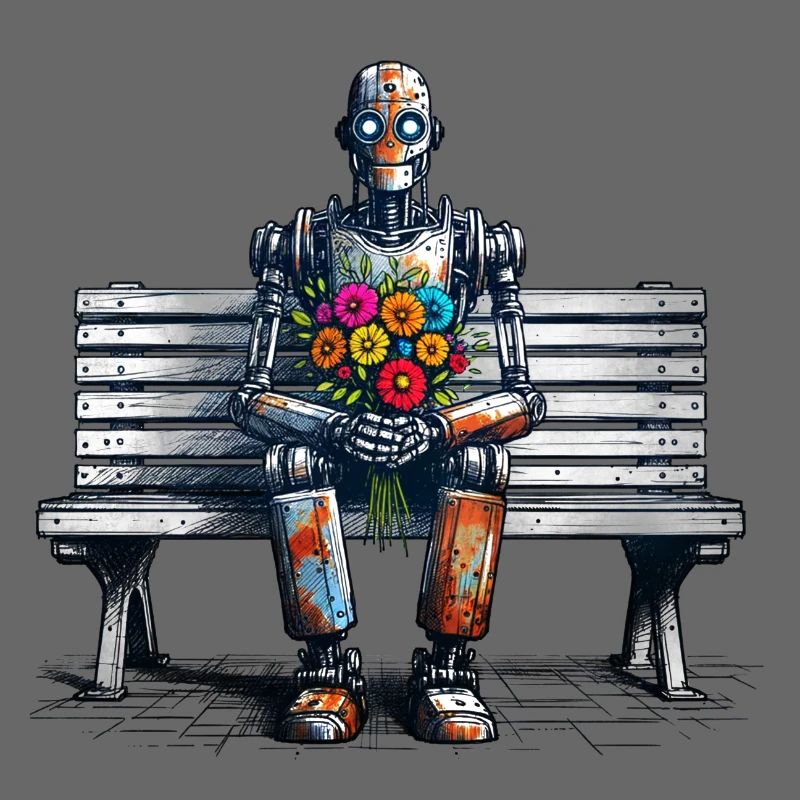 Robot banc fleurs Robot amour Art rouillé