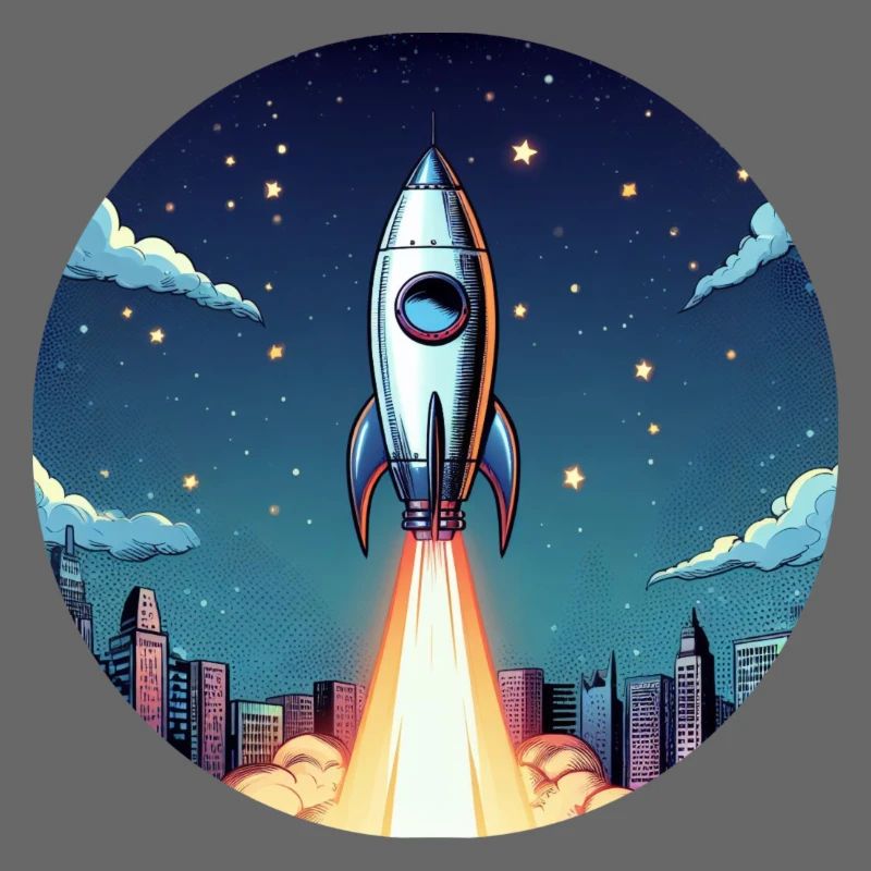 Rocket launch into space in front of night sky in comic style