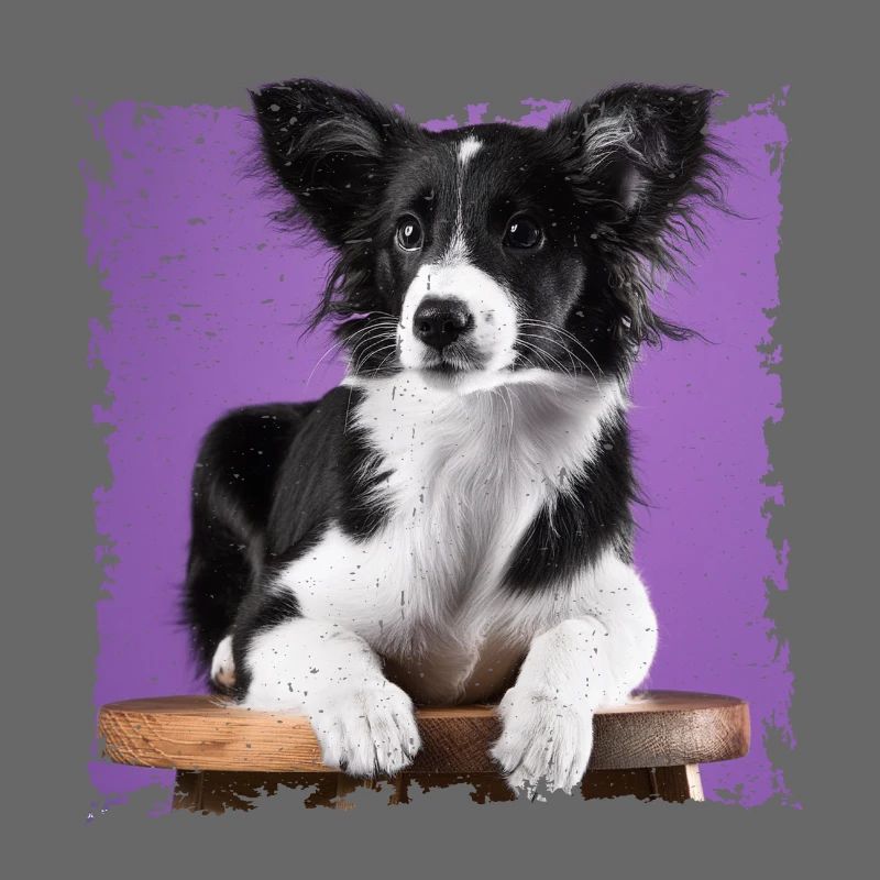 Hund sitzt auf Hocker