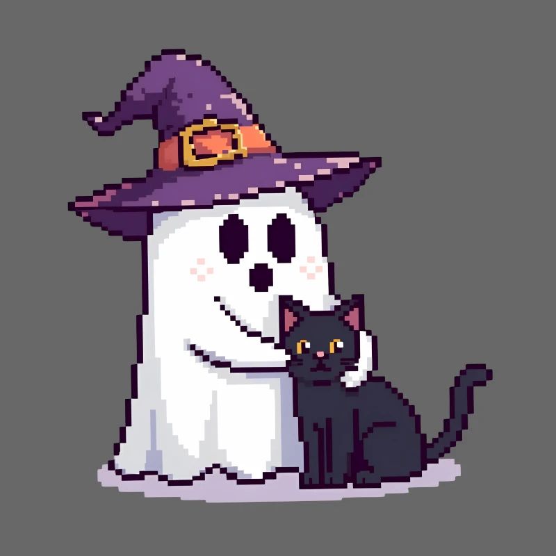 Pixel Ghost with Witch Hat & Cat – Halloween
