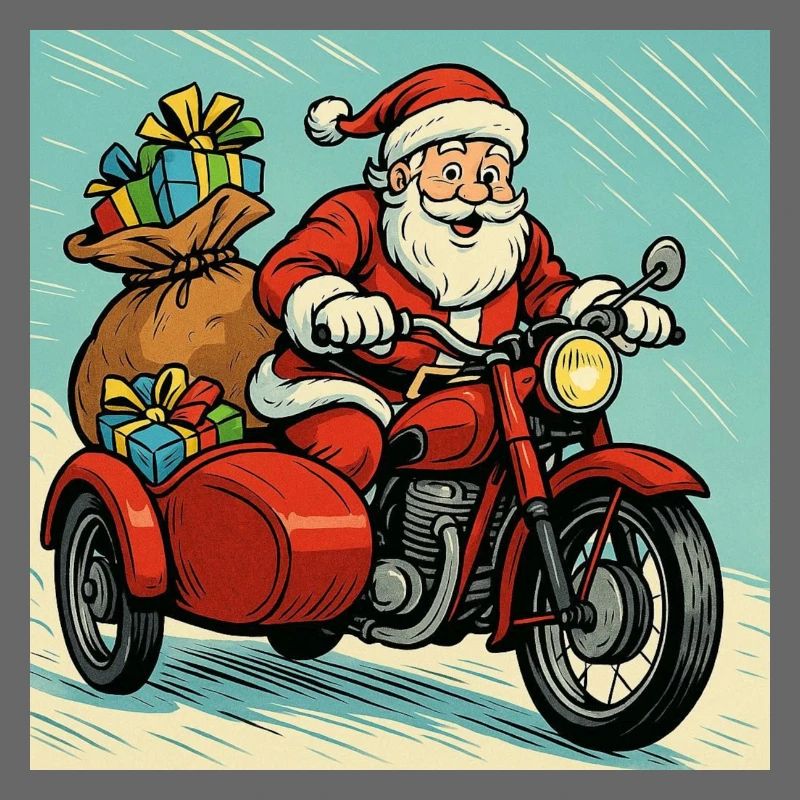 Santa Claus on a Motorcycle with Sidecar – Comics Style