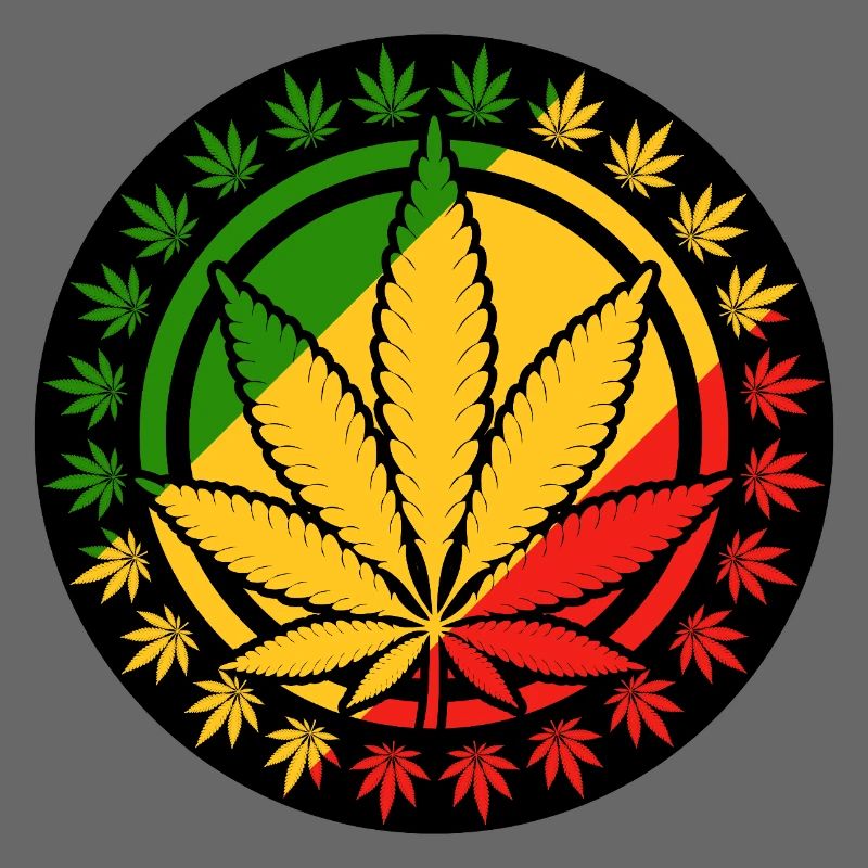 A cannabis leaf within a red yellow green circle