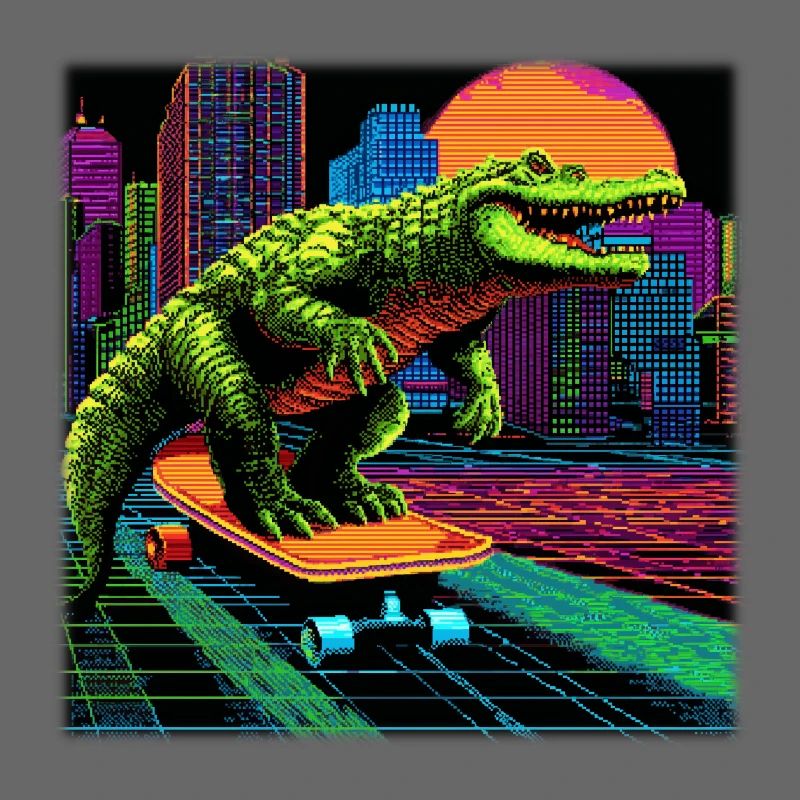 Pixel Art Krokodil – Retro Skater Synthwave