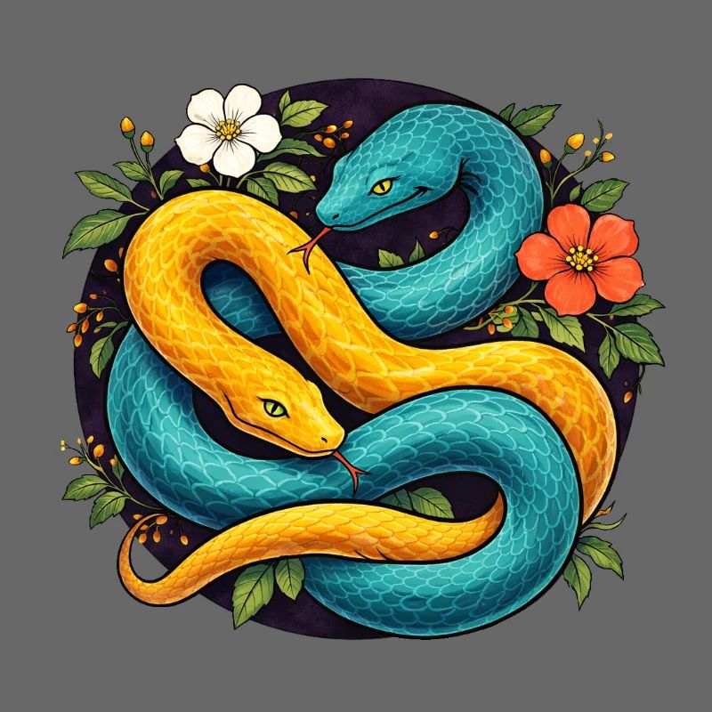 Two Python Snakes in Flower Ring