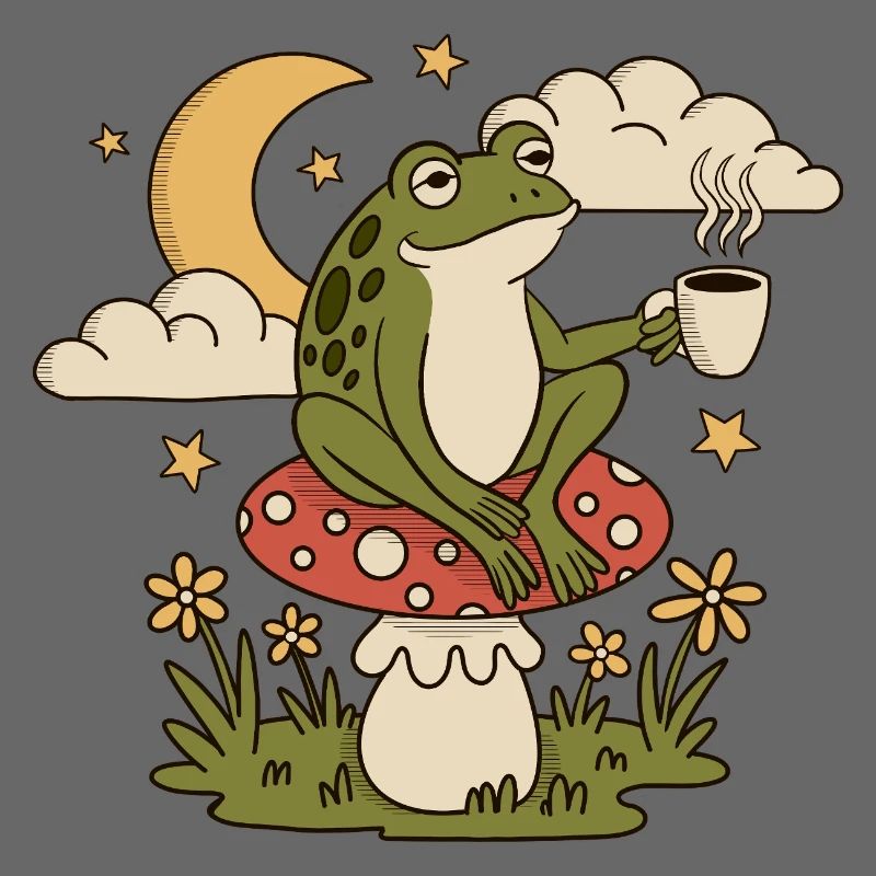 A frog with a cup sits on a toadstool