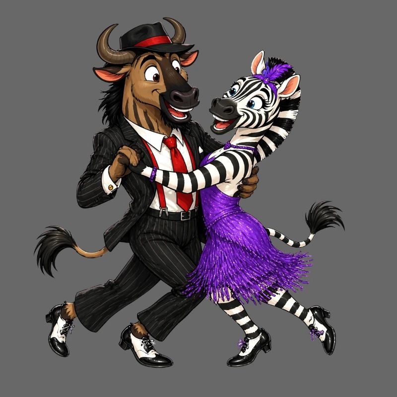 Gnu und Zebra im eleganten Swing Tanz