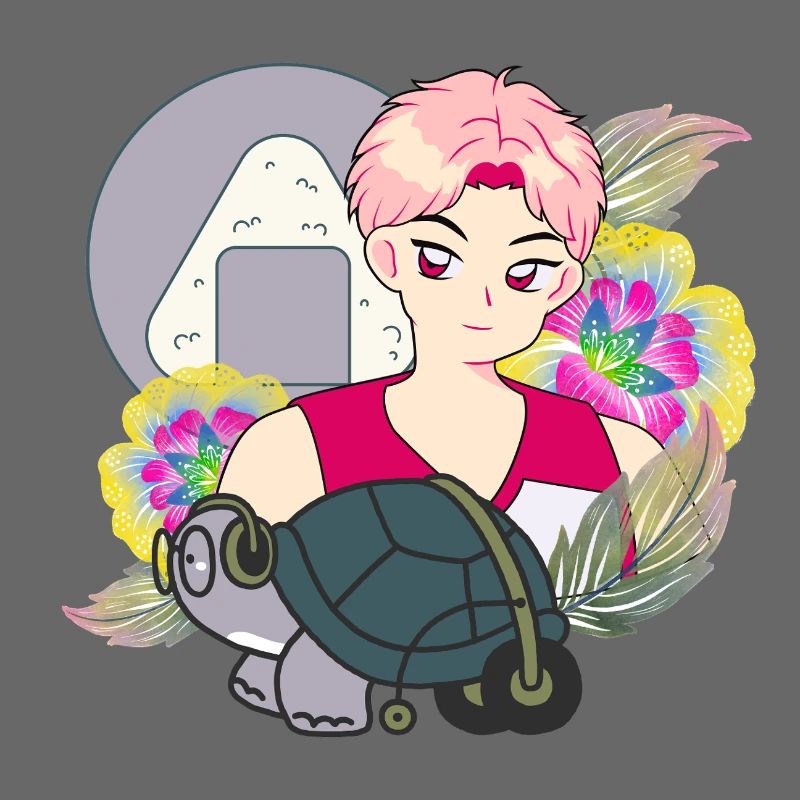 Anime-Junge und Schildkröte mit Walker-Kunst