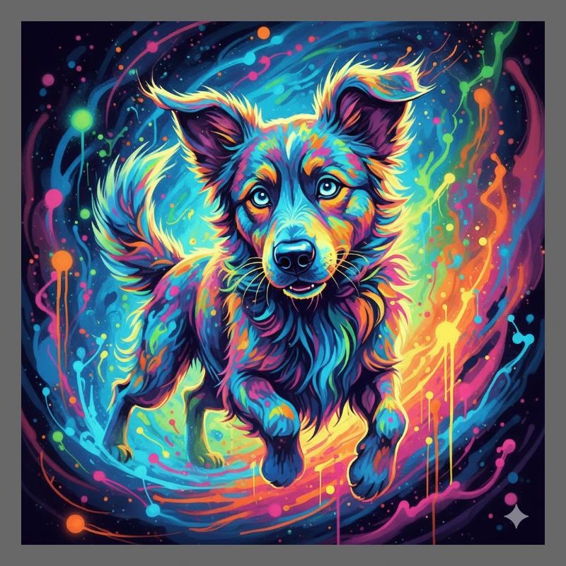 Neonfarbiger Hund im Farbwirbel