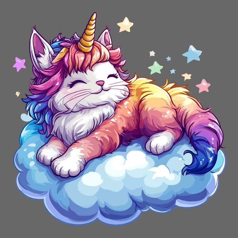 A cat with a unicorn horn on a cloud