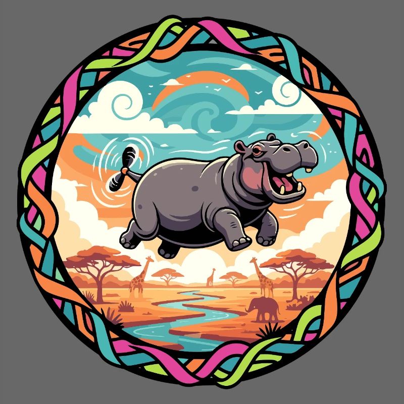 Witziger Hippo fliegendes Nilpferd bunt Savanne 