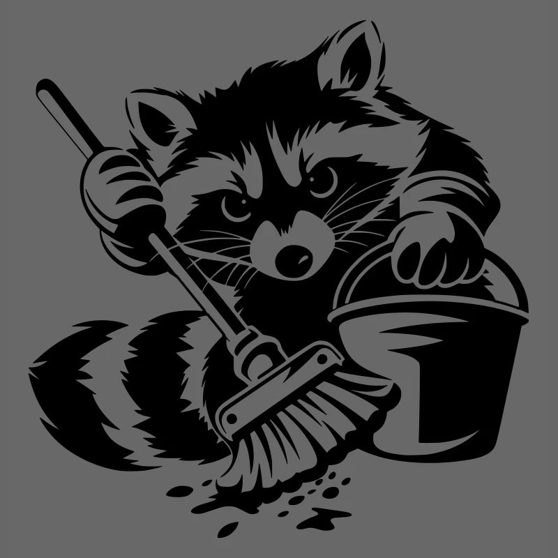 Waschbär mit Eimer & Mopp
