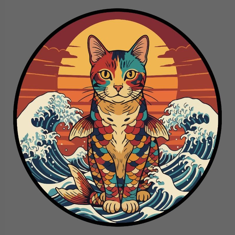 Koi Cat Sunset Waves