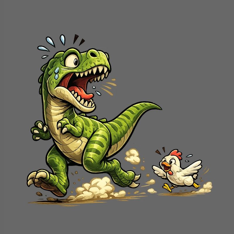 Comic Raptor Dinosaur on the run from a chicken