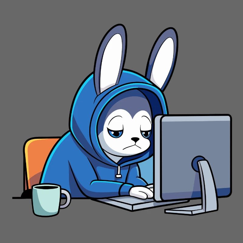 Niedlicher Hacker Hase schläft im Hoodie vorm PC