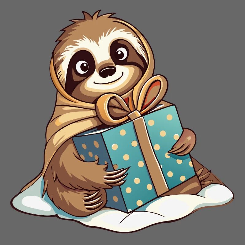 Cute sloth unwrapping gift
