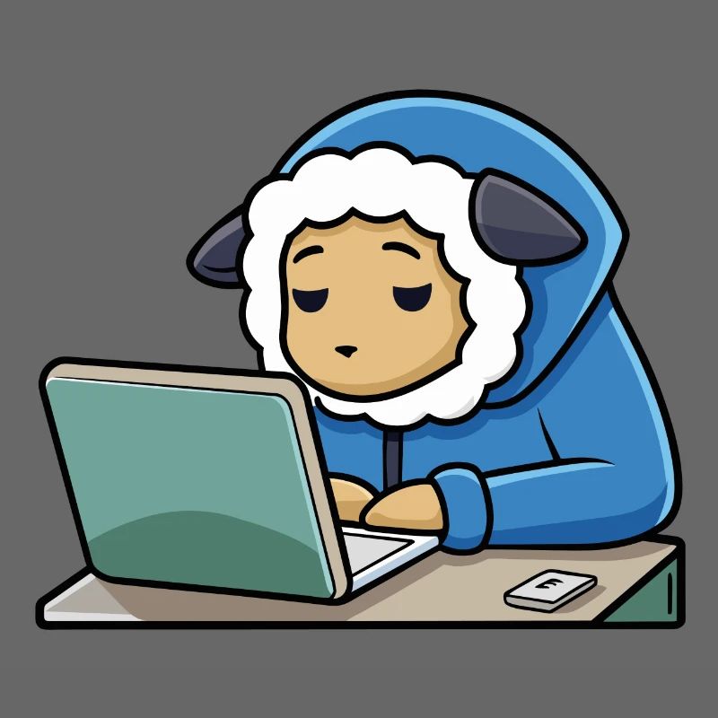 Un mignon mouton hacker dort dans un sweat à capuche devant le PC