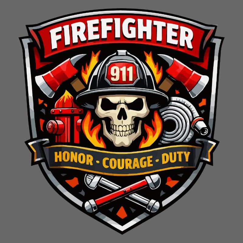 Firefighter Badge Skull Flames