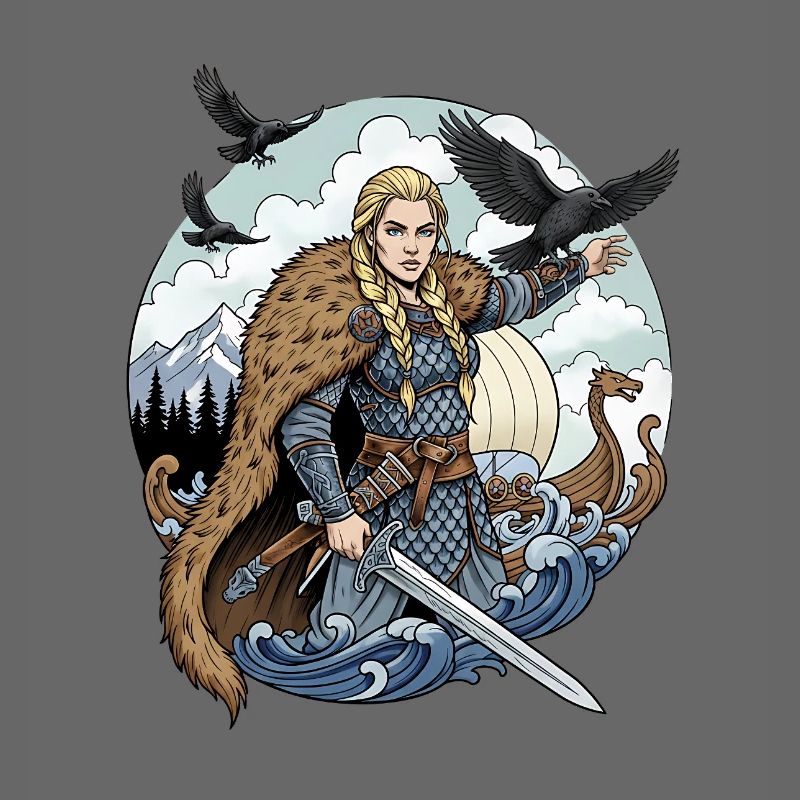 Femme viking armée d’une épée dans la tempête