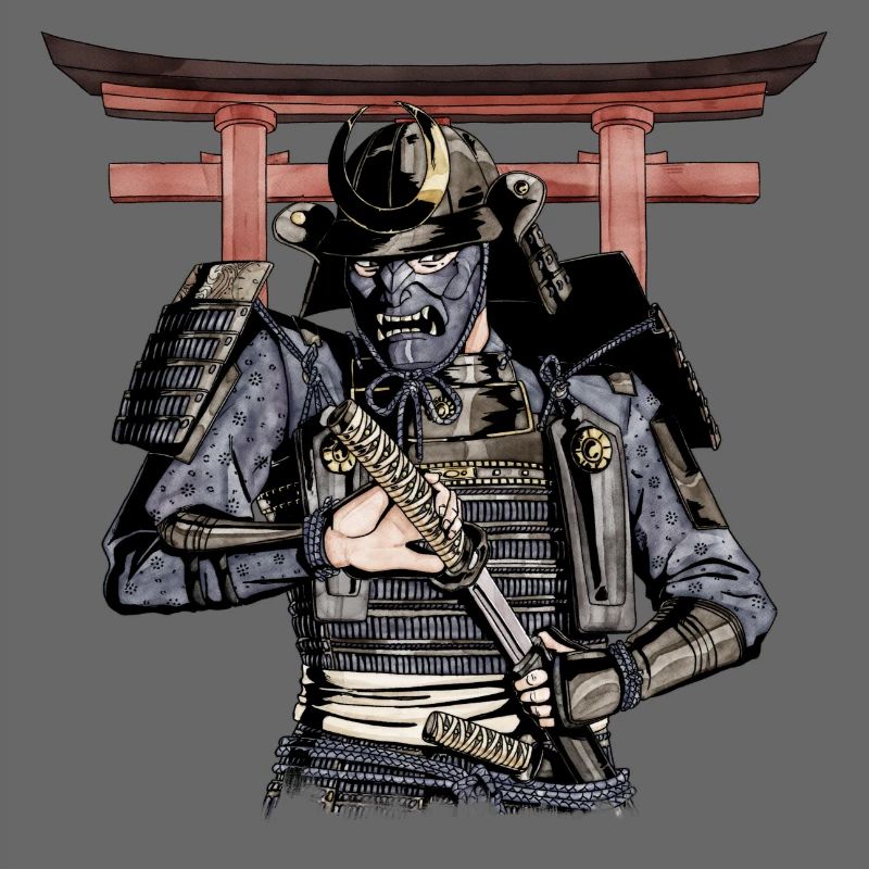 Blue Samurai unsheathing his katana with Torii