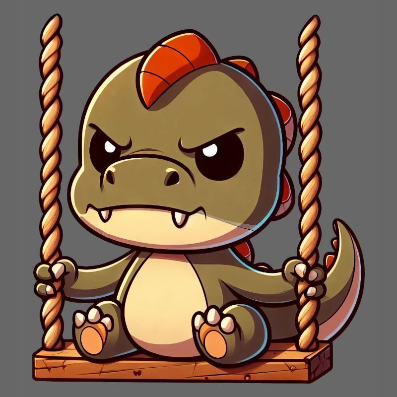 Grumpy T-Rex on swing annoyed offended