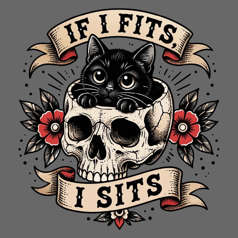 Chat dans un crâne : design de tatouage à l’ancienne