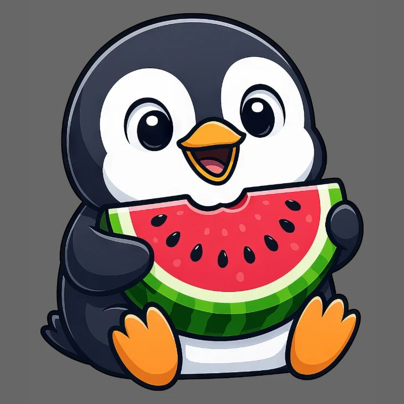 Funny Penguin with Melon Summer Fruit Cartoon