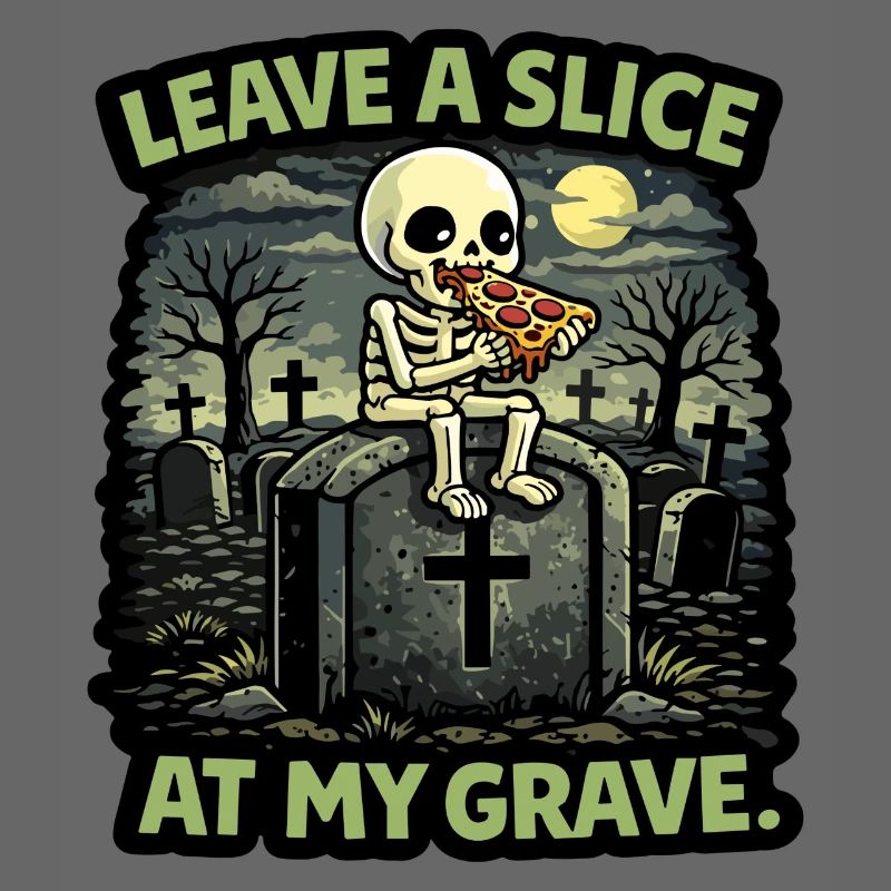 Squelette de pierre tombale mangeant une part de pizza sur la tombe