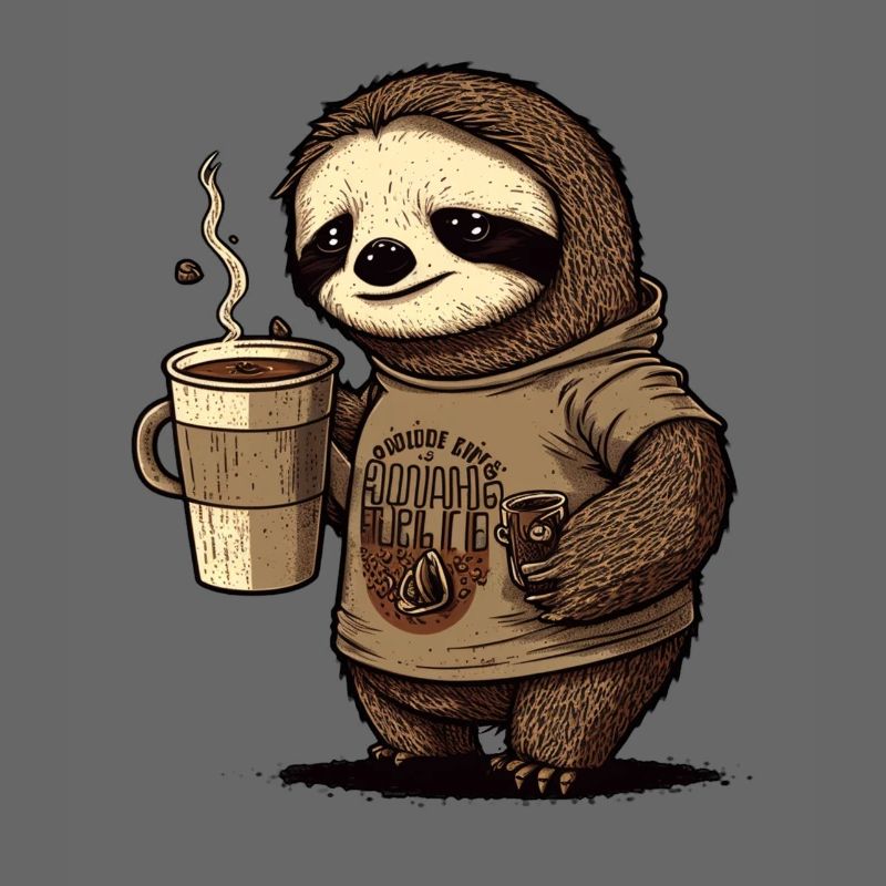 tired sloth with huge coffee mug