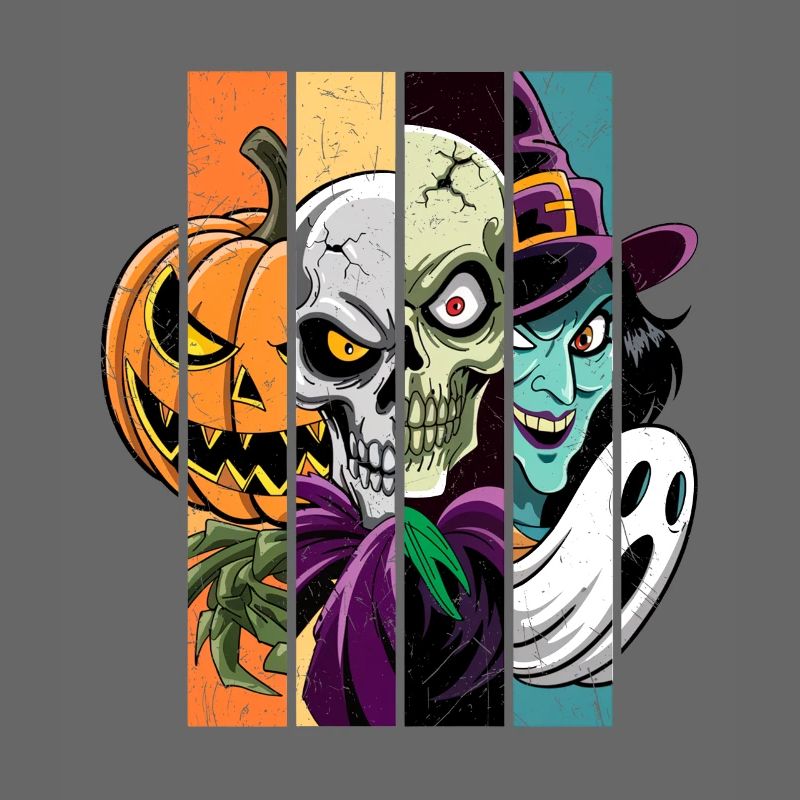 Halloween Monsters: Witch, Ghost, Skeleton, Skull.