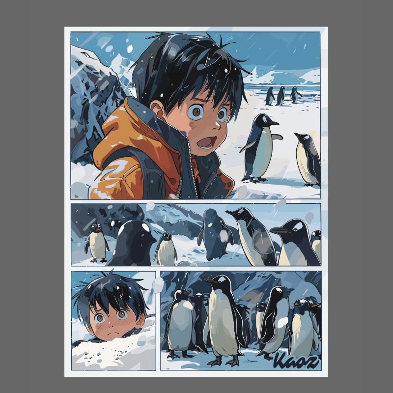 Lost Boy and Penguins in Comic Style