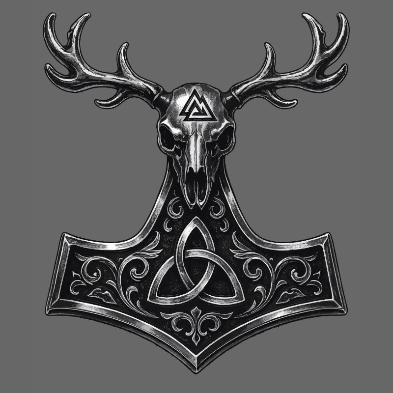 Crâne de cerf Valknut | Symbole païen de Mjölnir