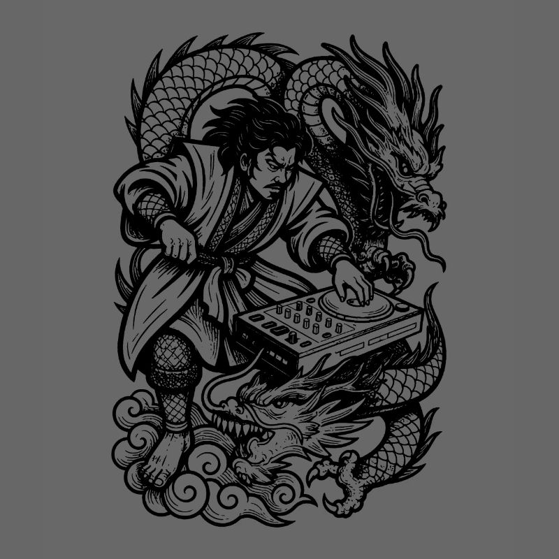 DJ Shirt: Samurai am Techno Mischpult mit Drachen